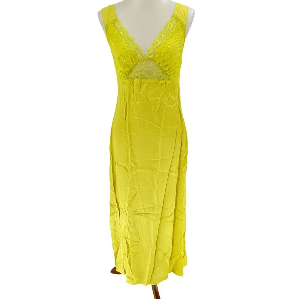 Topshop Lime Yellow Sleeveless Midi Dress With Lace Detail UK 12 / US 8 - Picture 2 of 13